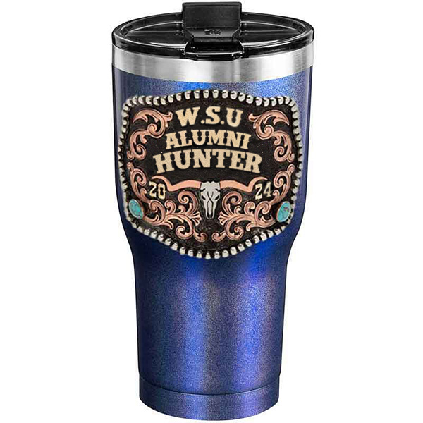 A customized tumbler made of stainless steel with a personalized engraved initials and Alumni Hunter lettering, 30 oz, ideal for coffee or cool drinks